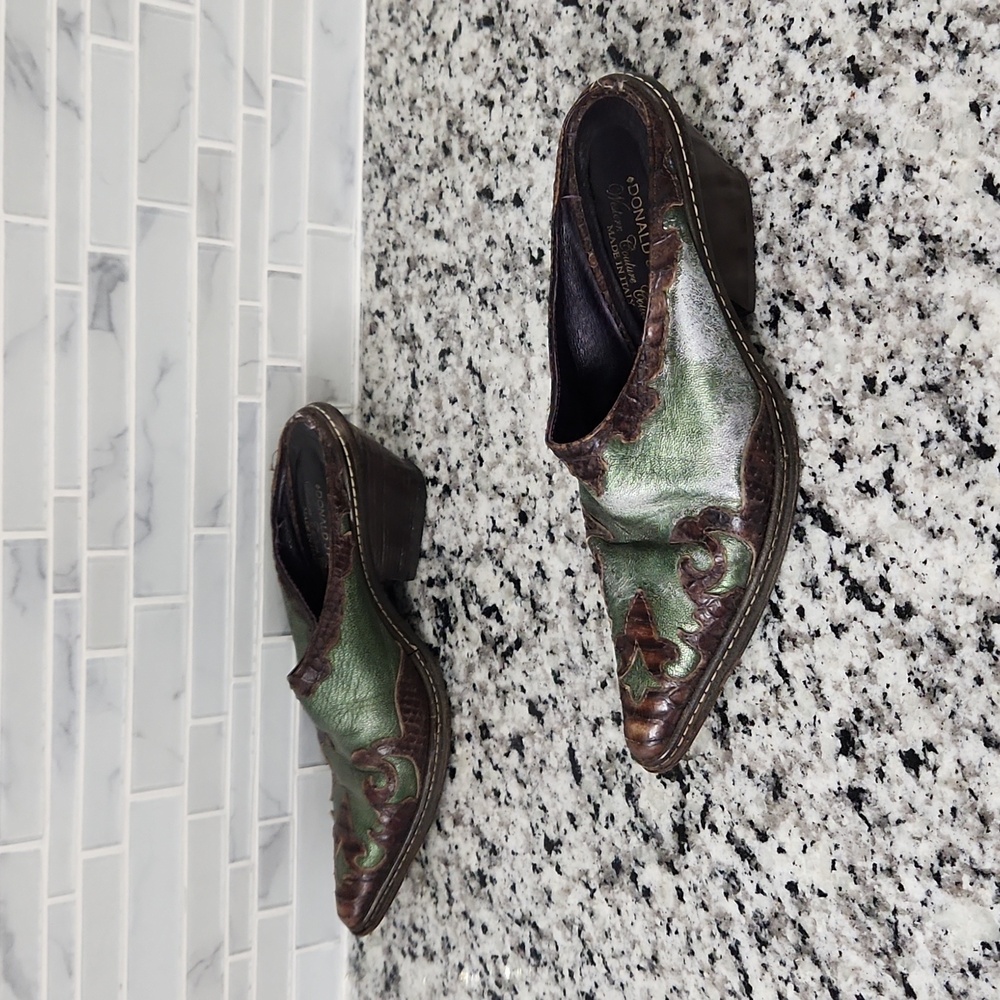 Vintage Green & Brown Donald J Pliner Leather Slip-On Heels sz 7.5 M made Italy - Picture 5 of 7